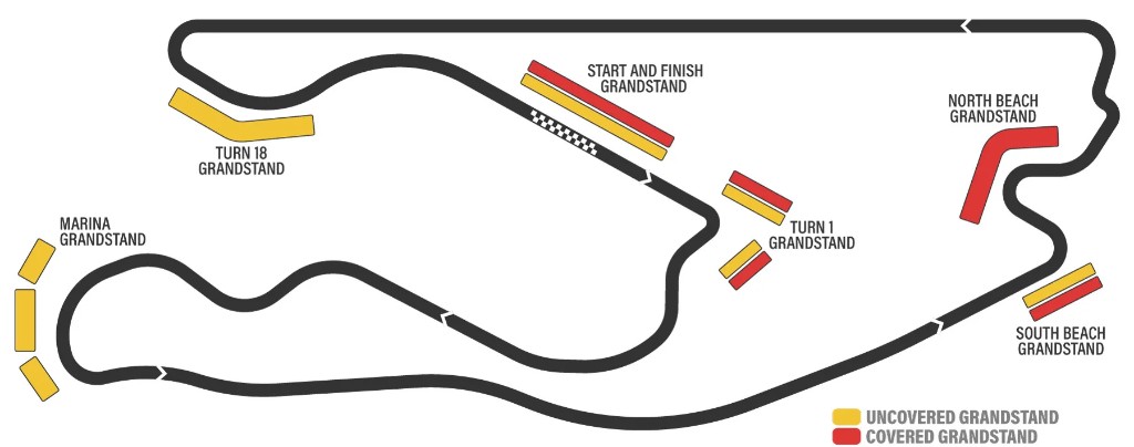 Miami International Autodrome map with grandstand zones. Click a grandstand to see details.